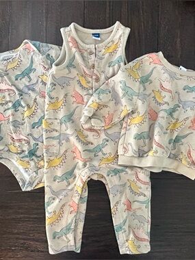 Dino Print Bundle- Romper, Onesie and Lightweight Sweatshirt- 12/18 months